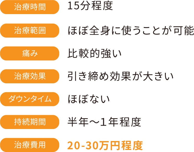 治療時間:15分程度 治療範囲:ほぼ全身に使うことが可能 痛み:比較的強い 治療効果:引き締め効果が大きい ダウンタイム:ほぼない 持続期間:半年$301C1年程度 治療費用:20-30万円程度