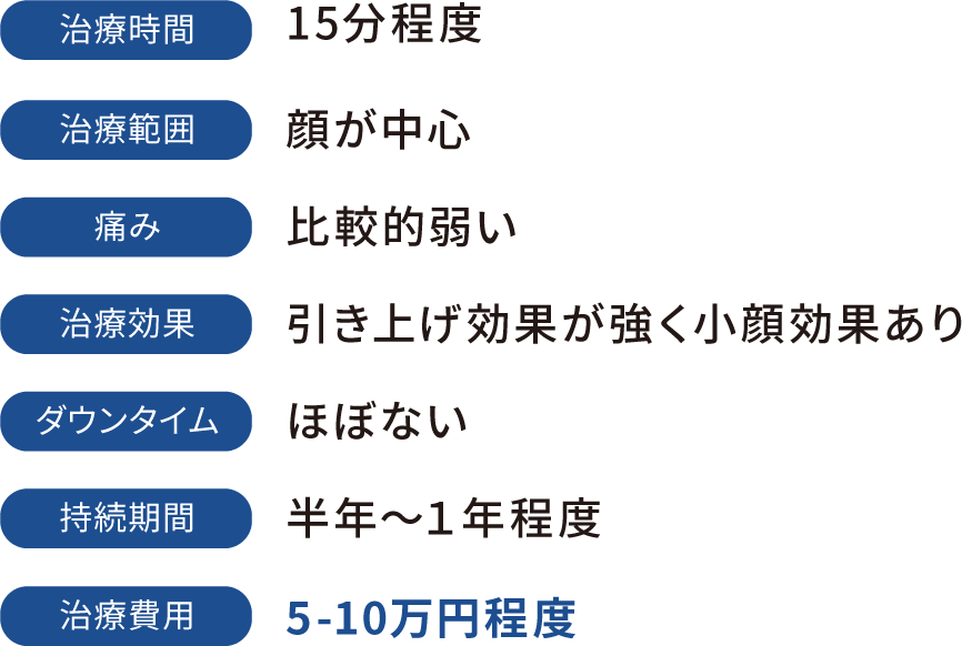 治療時間:15分程度 治療範囲:顔が中心 痛み:比較的弱い 治療効果:引き上げ効果が強く小顔効果あり ダウンタイム:ほぼない 持続期間:半年$301C1年程度 治療費用:5-10万円程度