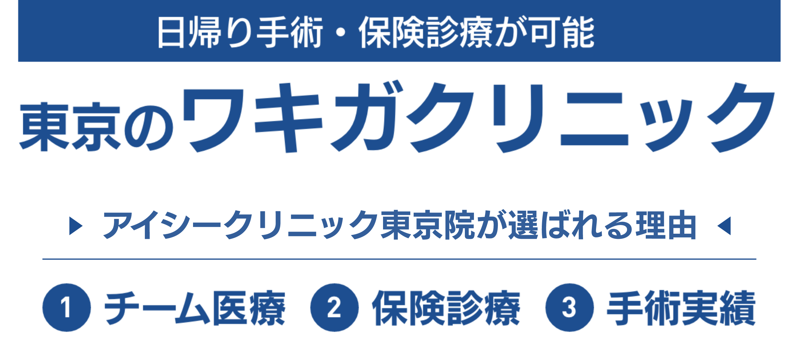 日帰り手術・保険診療が可能　東京のワキガクリニック　アイシークリニック東京院が選ばれる理由　①チーム医療　②保険診療　③手術実績